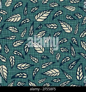 Seamless vector pattern with leaves on textured blue background. Simple plant wallpaper design on teal. Decorative fashion textile. Stock Vector