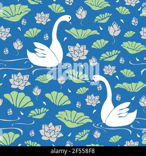 Seamless vector pattern with swans and lotus flower on blue background. Simple bird swimming wallpaper design. Stock Vector