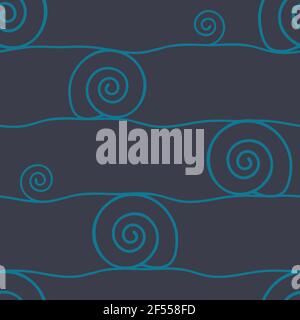 Seamless vector pattern with spiral line on blue background. Simple abstract wallpaper design.Home decor fashion textile. Stock Vector