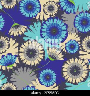 Seamless vector pattern with blue tie dye flowers. Beautiful winter floral wallpaper. Seasonal fashion textile background. Stock Vector