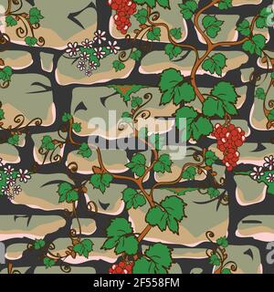 Seamless vector pattern with stone wall and climbing plant on grey background. Home decoration wallpaper design with castle wall. Stock Vector