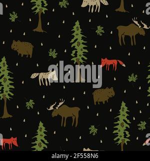 Seamless vector pattern with forest animals on black background. Hand drawn wildlife wallpaper design with fox, wolf and drear. Stock Vector