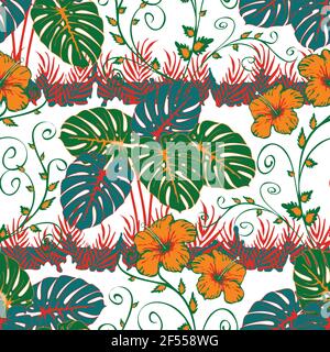Seamless vector pattern wit abstract tropical plants on white background. Jungle rain forest wallpaper design. Artistic landscape fashion textile. Stock Vector