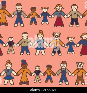 Seamless vector pattern with cartoon people holding hands on pink background. Humane love wallpaper design. Stock Vector