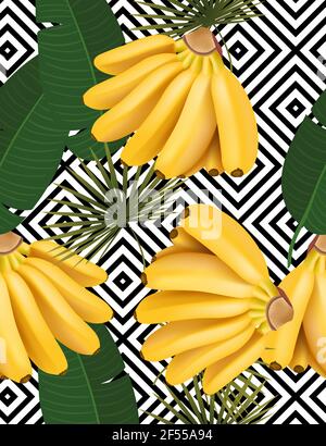 Trendy seamless pattern with baby banana bunch and tropical leaves. Vector realistic illustration Stock Vector