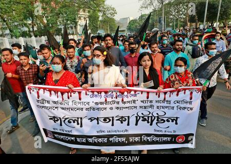 Dhaka, Bangladesh - March 24, 2021: Progressive student organizations take out a procession from Dhaka University's TSC on March 26, 2021 to protest t Stock Photo