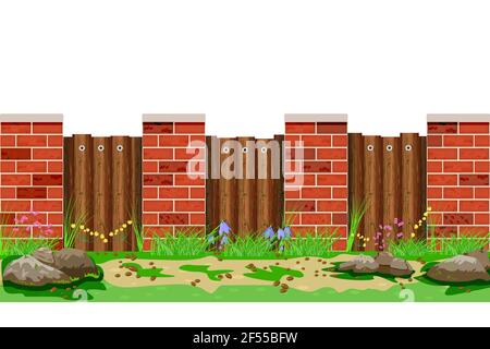 Wooden fence with grass and stones isolated on white background. Farm garden wood barrier with pillars of bricks.Scenery of city park or street wall i Stock Vector