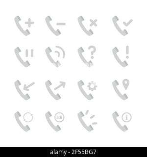 Retro grey telephone receiver icon set. Concept of incoming, outgoing, service, call center, backup, settings, support, contact, ringing, information. Stock Vector