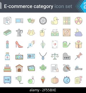 Set of e-commerce and online shopping web colorful icons in line style. Mobile shop, digital marketing. High quality vector illustration. Stock Vector