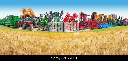 Collage about farm, agriculture, farming. Concept of equipment readiness for agricultural work - for sowing and harvesting. Colorful tractors, cultivators, sprayers, disc harrows, combines Stock Photo