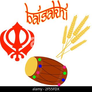 Vaisakhi Baisakhi design elements. New Year of the Sikhs. Drum, dholak, devanagari. Bunch of Wheat. Khanda Stock Vector