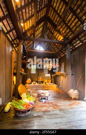 The old style kitchen, cooking area at Kamthieng House Museum, a Northern Thai traditional raised wooden teak rural house. In Bangkok, Thailand. Stock Photo