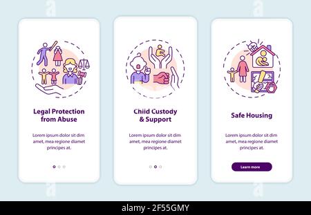 Domestic violence survivors support onboarding mobile app page screen with concepts Stock Vector