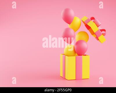 Gift box with balloons 3d render illustration - present package with ...
