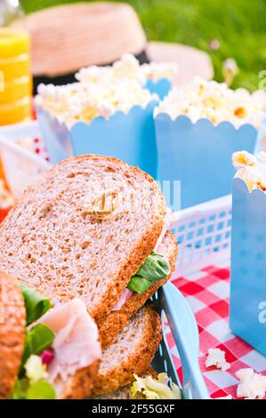 Lunch in the park on the green grass. Summer sunny day and picnic basket. Popcorn and sandwiches for a snack outdoors in nature. in bright plastic dishes . Vertical Stock Photo