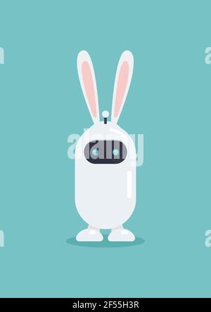 Cute robot wearing bunny ears mask in flat style. Vector illustration. Graphic design Stock Vector