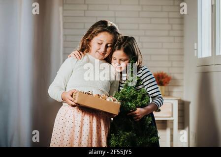 Girl with pine Christmas hugging sister holding Christmas decoration box at home Stock Photo