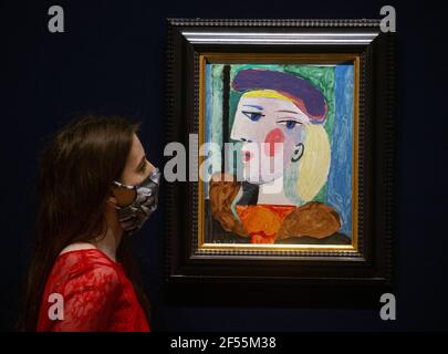 London, UK. 24th Mar, 2021. A major Picasso portrait not seen for nearly 40 years will go on sale at Bonhams Impressionst and Modertn Art sale in New York on Thursday May 13th. The work, ' Femme au Beret Mauve', painted in 1937, has an estimate of $10,000,000-15,000,000. Credit: Karl Black/Alamy Live News Stock Photo