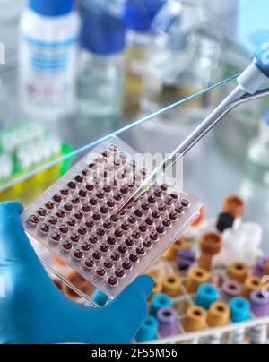 Male scientist pipetting blood sample in microplate at laboratory Stock Photo