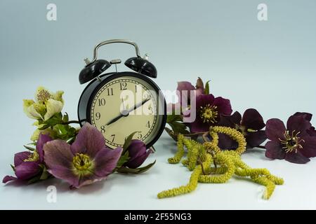 Vintage clock with spring flowers. Daylight saving time concept. Stock Photo