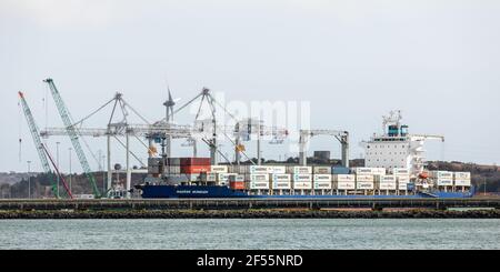 Ringaskiddy, Cork, Ireland. 24th March, 2021. After a ten day voyage from Costa Rico the container ship Maersk Nijmegen is about to tie up at the deepwater terminal in Ringaskiddy, Co. Cork, Ireland. - Credit; David Creedon / Alamy Live News Stock Photo