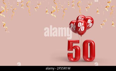 50% off discount red sign with balloons. 3d Illustration of balloon percent discount sign for your poster, banner ads Stock Photo