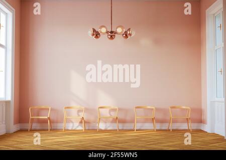 Three dimensional render of row of empty chairs in pink colored waiting room Stock Photo