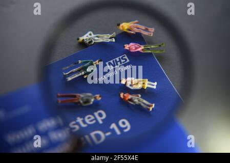 A COVID-19 Self Test (Rapid Antigen Test) kit information concept image. Selective focus through a magnifying glass. Stock Photo