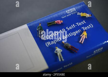 A COVID-19 Self Test (Rapid Antigen Test) kit information concept image. Selective focus. Stock Photo