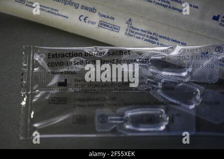 A COVID-19 Self Test (Rapid Antigen Test) kit in the UK for testing at home or in the workplace. Stock Photo