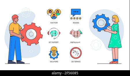 Business solutions - colorful flat design style poster with line elements and thematic icons. A man and woman holding cogwheels. Our team, reviews, ge Stock Vector