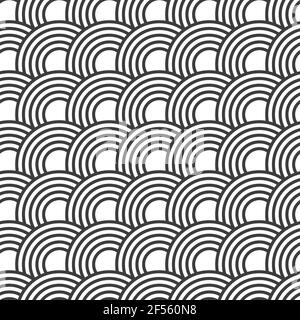 Abstract vector seamless pattern of overlapping circles. Ocean waves. Japan style. Stylish monochrome geometric ornament. Black and white texture. Stock Vector