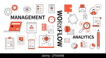 Management, workflow and analytics - line design style icons. Linear images of essential business metaphors. Office equipment and analytical tools, La Stock Vector