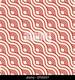 Abstract seamless. Seamless braided linear pattern, wavy lines. Endless striped texture with winding elements. Red lines on beige background. Vector. Stock Vector