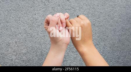 Hands of two women making pinky promise Stock Photo