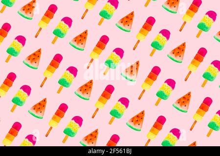 Painting of ice cream bars and watermelons slices on pink background Stock Photo