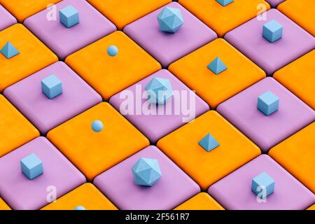 Blue pyramids, cubes and platonic icosahedrons on orange and violet background - Abstract 3D render Stock Photo