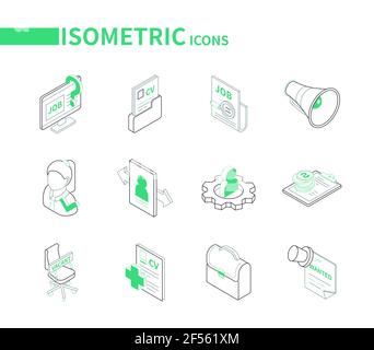 Job search - colorful isometric line icons set. HR and employment idea. Company website, resume in a folder, megaphone, portfolio, female worker, open Stock Vector