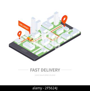 Fast delivery - modern vector colorful isometric illustration with copy space for your information. City buildings on a smartphone screen, truck and m Stock Vector