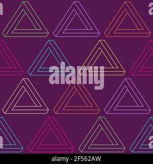 Seamless vector pattern with impossible color triangles. Linear style. Penrose optical illusion. Vector color illustration. Stock Vector