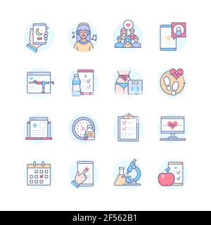 Healthcare mobile app - line design style icons set. Habit tracker idea. Sleep cycle, meditation, workout, step-counter. Healthy eating, medications, Stock Vector