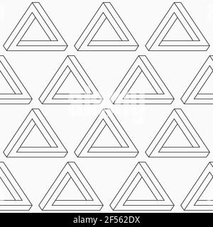 Seamless vector pattern with impossible black triangles, isolated on white background. Linear style. Penrose optical illusion. Vector monochrome. Stock Vector