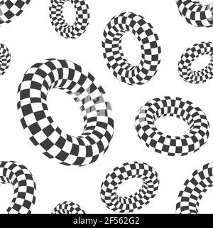 Seamless pattern of 3D geometric striped checkered shapes. Donuts. Black and white colors. Psychedelic optical effect. Stylish minimalistic graphic. Stock Vector