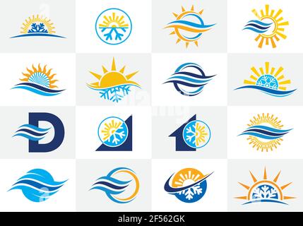 Vector logo sign symbol icon set for air conditioning business, Heating ventilation, and air conditioning. Stock Vector