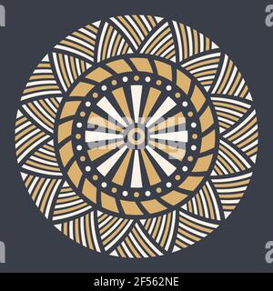Abstract circular ornament. Ethnic mandala. Stylized sun symbol. Rosette of geometric elements. Tribal ethnic motif. Round  color pattern. Stock Vector