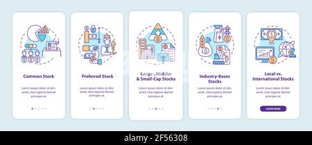 Stocks types onboarding mobile app page screen with concepts Stock Vector