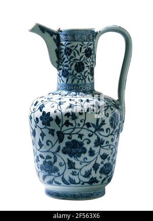 Canned floral. The painting in Kobalt Blue under the Glaze founded the glory of Chinese porcelain of the Ming Dynasty (1368-1644). The properties of the Kobalt Mineral was discovered in Persia. The Chinese but gained admiration with their application on porcelain worldwide. The blue-white porcelain became the most important export article to Europe, nearby and Middle East. The pot has an Islamic metal vessel to the model and was intended for the local market. The plant discussion shows a mixture of ornamental abstraction and realistic details that makes up the great charm of early blue-white p Stock Photo