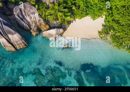 Drone view of Anse Source DArgent beach in summer Stock Photo