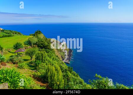 The Lighthouse Ponta do Arnel near Nordeste town in Sao Miguel, Azores Stock Photo