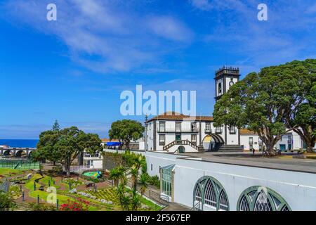 Panoramic cityscape view to Municipality and central square Of Ribeira Grande, Sao Miguel, Azores, Portugal. Central square of Ribeira Grande, Sao Mig Stock Photo